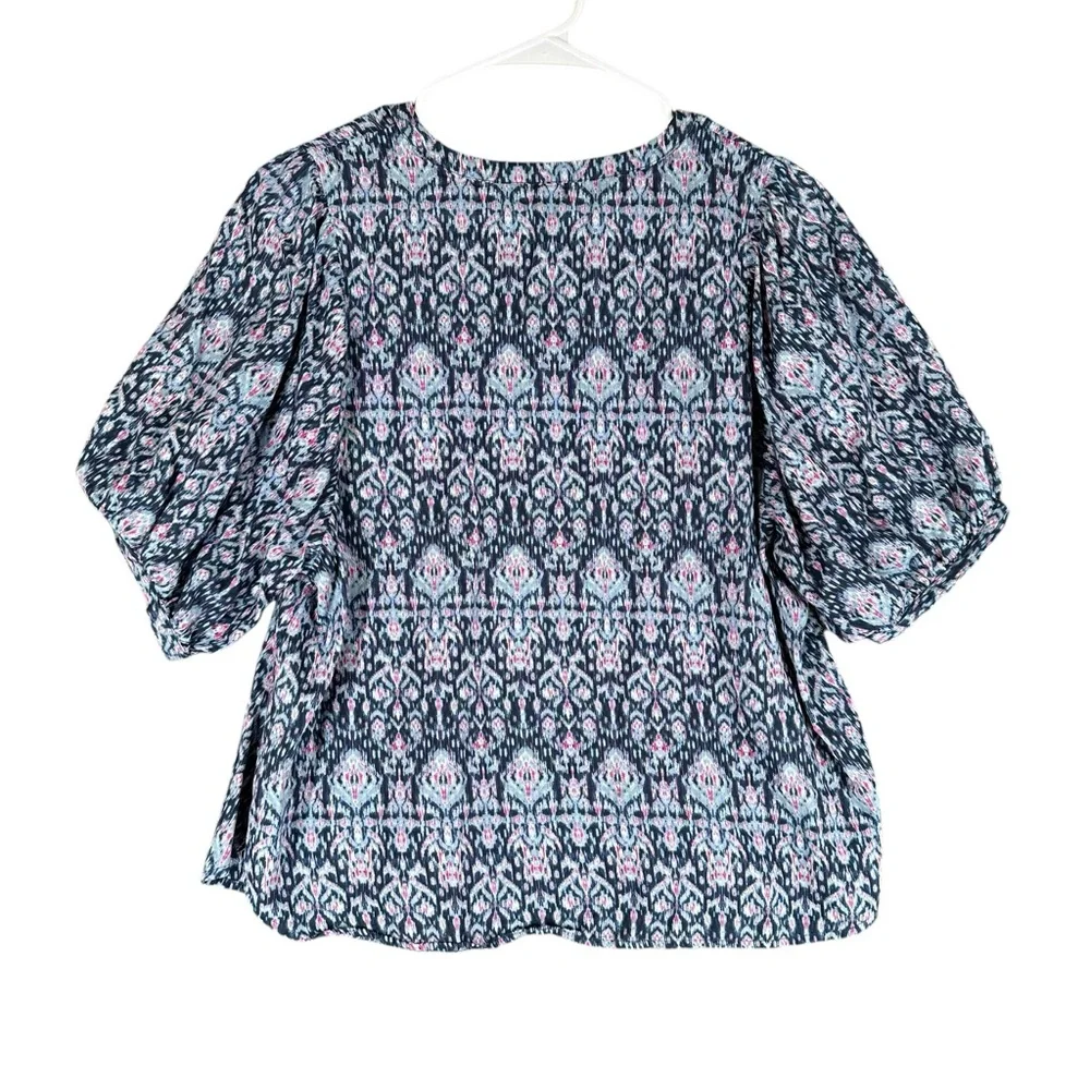 Banana Republic Navy Blue Ikat Print Tie-Neck Blouse with Pink Accents